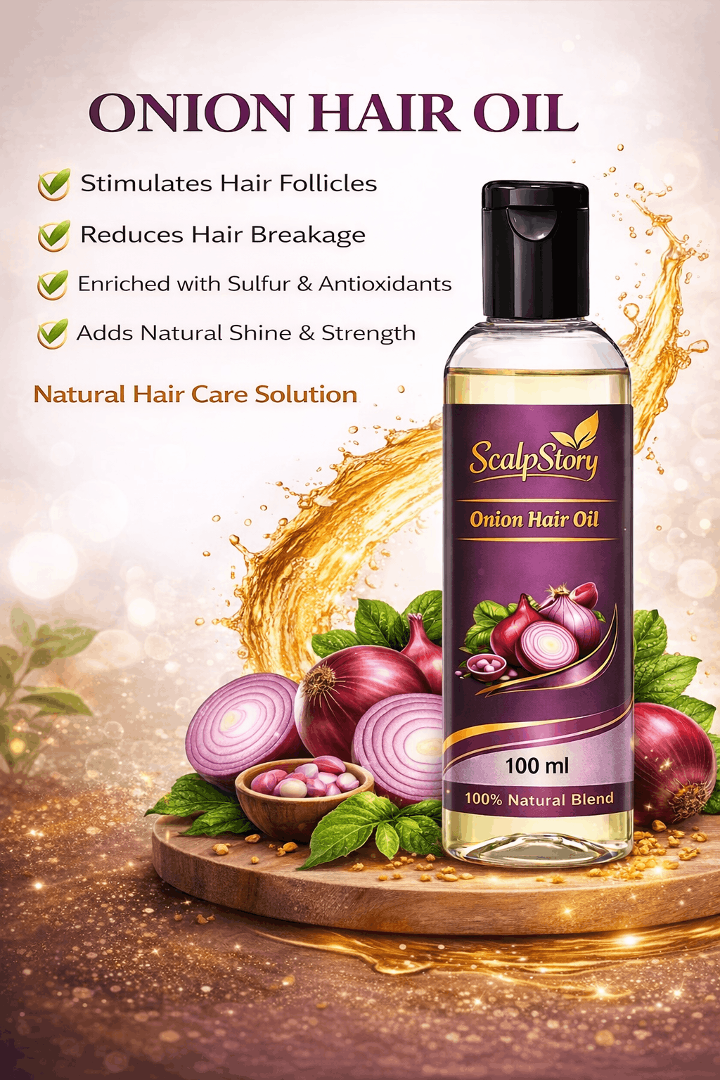 Onion Hair Oil – Natural Hair Growth & Anti-Hair Fall Oil with Sulfur & Antioxidants | Strengthens Roots & Adds Shine | 100 ml