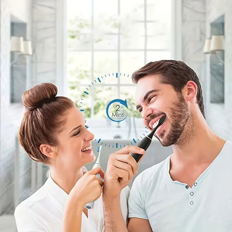 Woman using sonic electric toothbrush for teeth whitening at home Pakistan